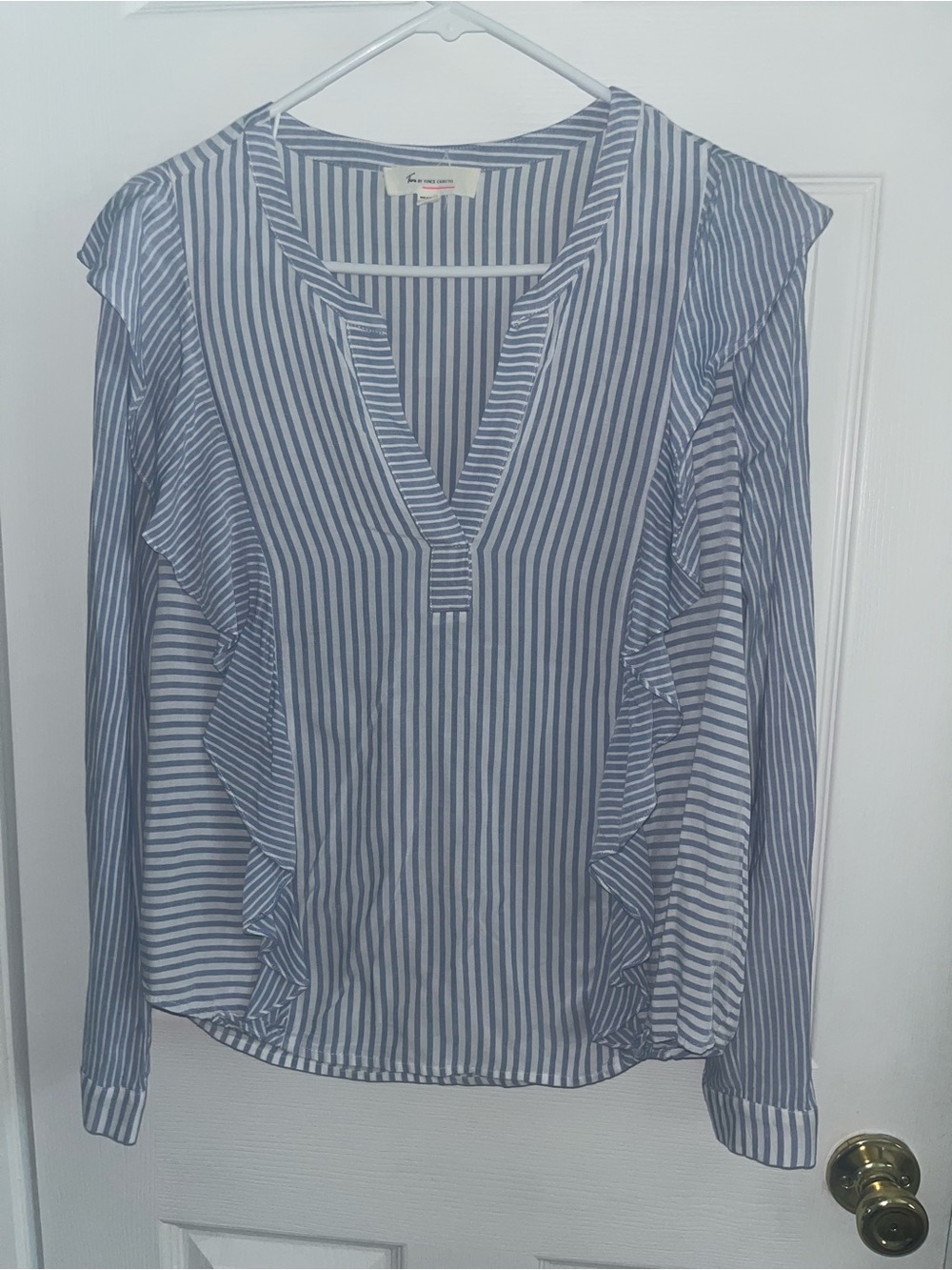 Vince Camuto Blue Stripe Ruffle V-Neck Blouse